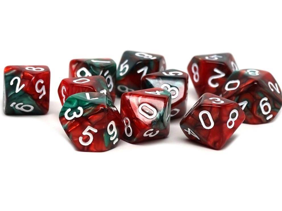 D10 Pack - Ten Count Pack of Green and Red Swirl 10 Sided Dice - 