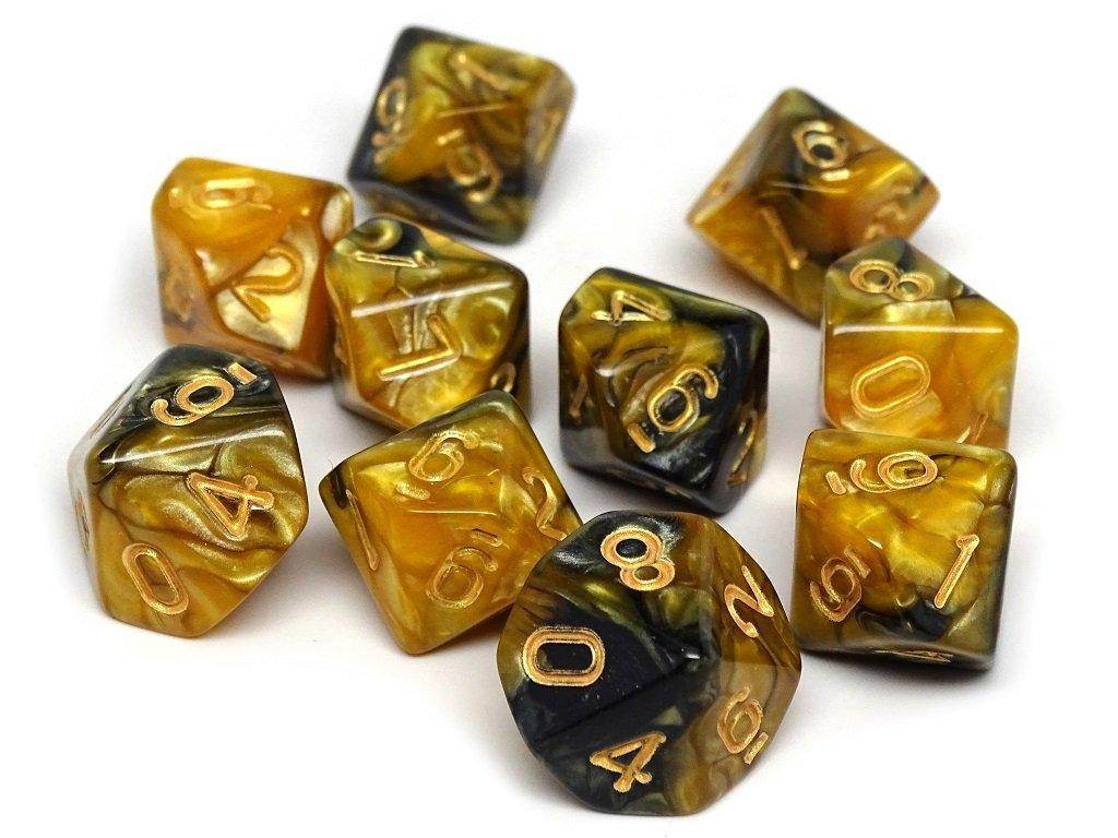 D10 Pack - Ten Count Pack of Yellow and Black Granite 10 Sided Dice - 