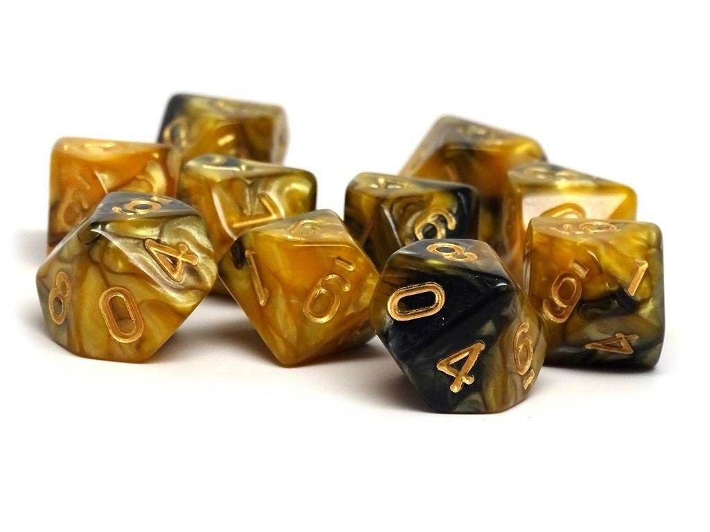 D10 Pack - Ten Count Pack of Yellow and Black Granite 10 Sided Dice - 