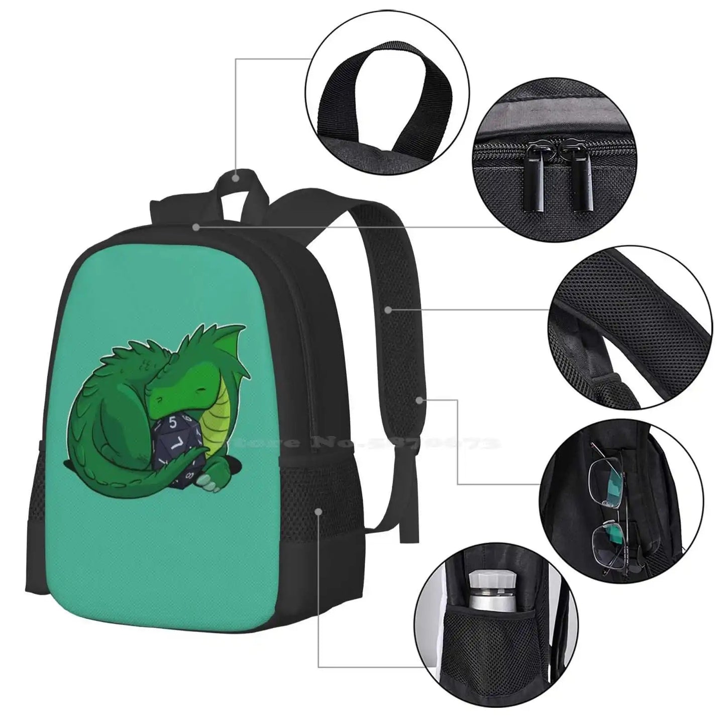 D20 Green Dragon Backpack For Student School Laptop Travel Bag Baby Dragon Campaign Cartoon Cute Comics Creature D20 Dice Dnd