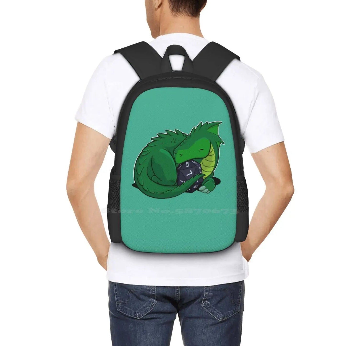 D20 Green Dragon Backpack For Student School Laptop Travel Bag Baby Dragon Campaign Cartoon Cute Comics Creature D20 Dice Dnd