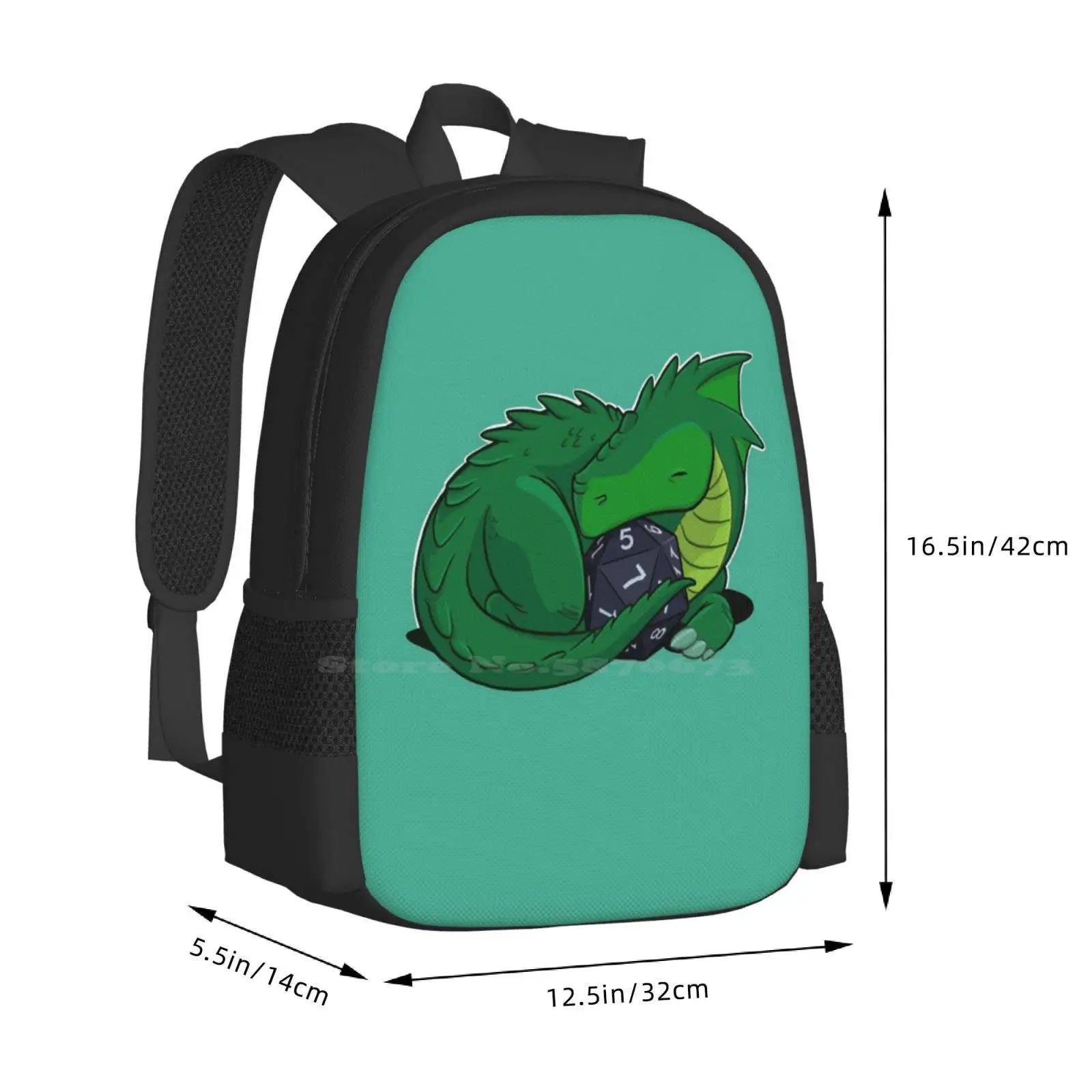 D20 Green Dragon Backpack For Student School Laptop Travel Bag Baby Dragon Campaign Cartoon Cute Comics Creature D20 Dice Dnd