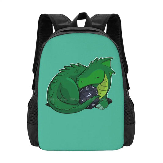 D20 Green Dragon Backpack For Student School Laptop Travel Bag Baby Dragon Campaign Cartoon Cute Comics Creature D20 Dice Dnd