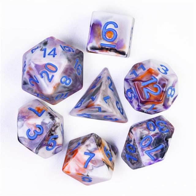 Spooky 4-Color 7-Dice Dnd Dice | White Orange Purple w/Purple Numbers Set - 