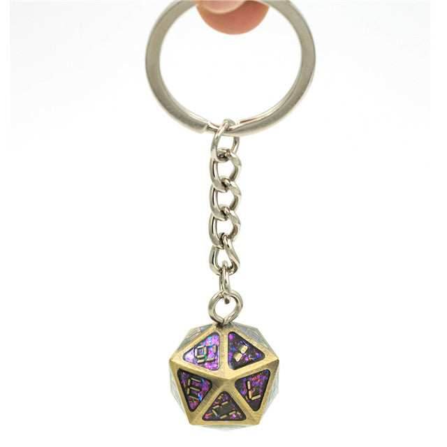 Metal D20 w/ Purple Glitter Keychain Analogue Font d20 - 