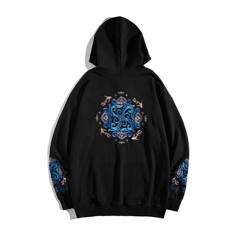 KH9201 Fish Art Embroidery Hoodie - Black / S