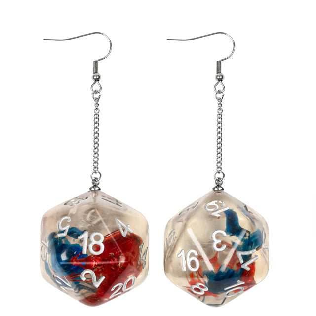 Red/Blue Dice Earrings: D20 Dice w/Colorful Inclusion Nerdy RPG Jewelry - 