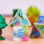 Earthly 4-Color 7-Dice Dnd Dice | Green White Green w/Blue Numbers Set - 
