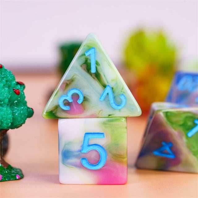 Earthly 4-Color 7-Dice Dnd Dice | Green White Green w/Blue Numbers Set - 