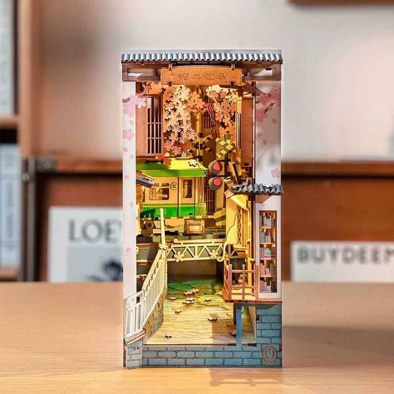 DIY Wooden Book Nook Kit – Sakura Densya Miniature Dollhouse with LED Light - A