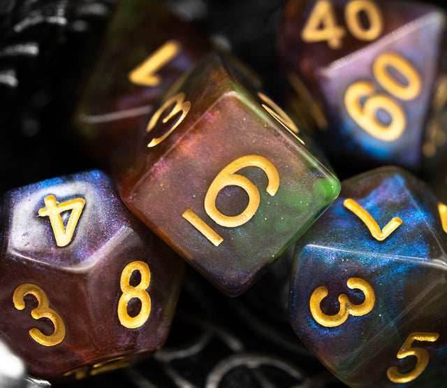 Purple & Green w/gold Galaxy Glitter 7-Dice Set RPG - 