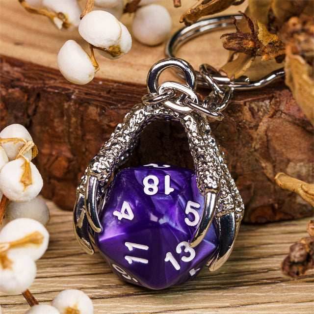 Claw Purple D20 Keychain Featuring Silver Metal Dragon Claw + d20 - 