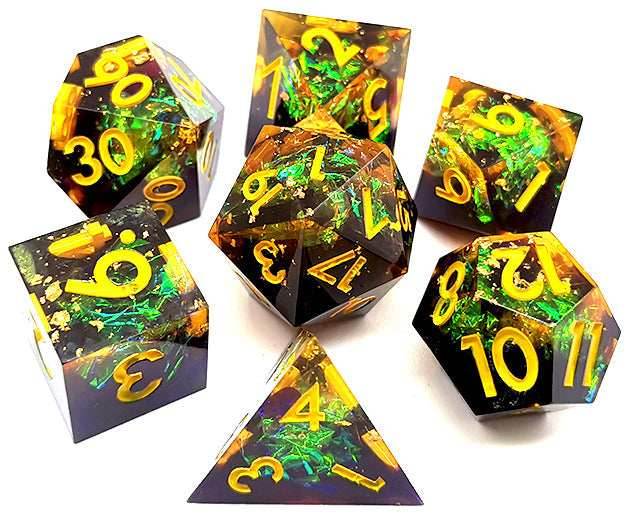 Starry Sky Yellow w/ Purple Shimmer 7-Dice Set Resin Sharp Edge RPG DND - 