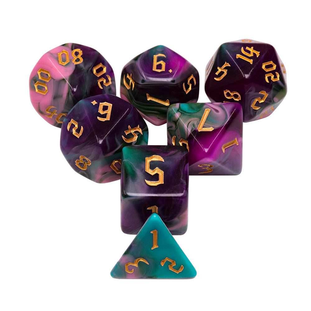 Night Elves 7-Dice Set Pink/Green/Purple w/Gold Numbers Dnd Dice Set - 