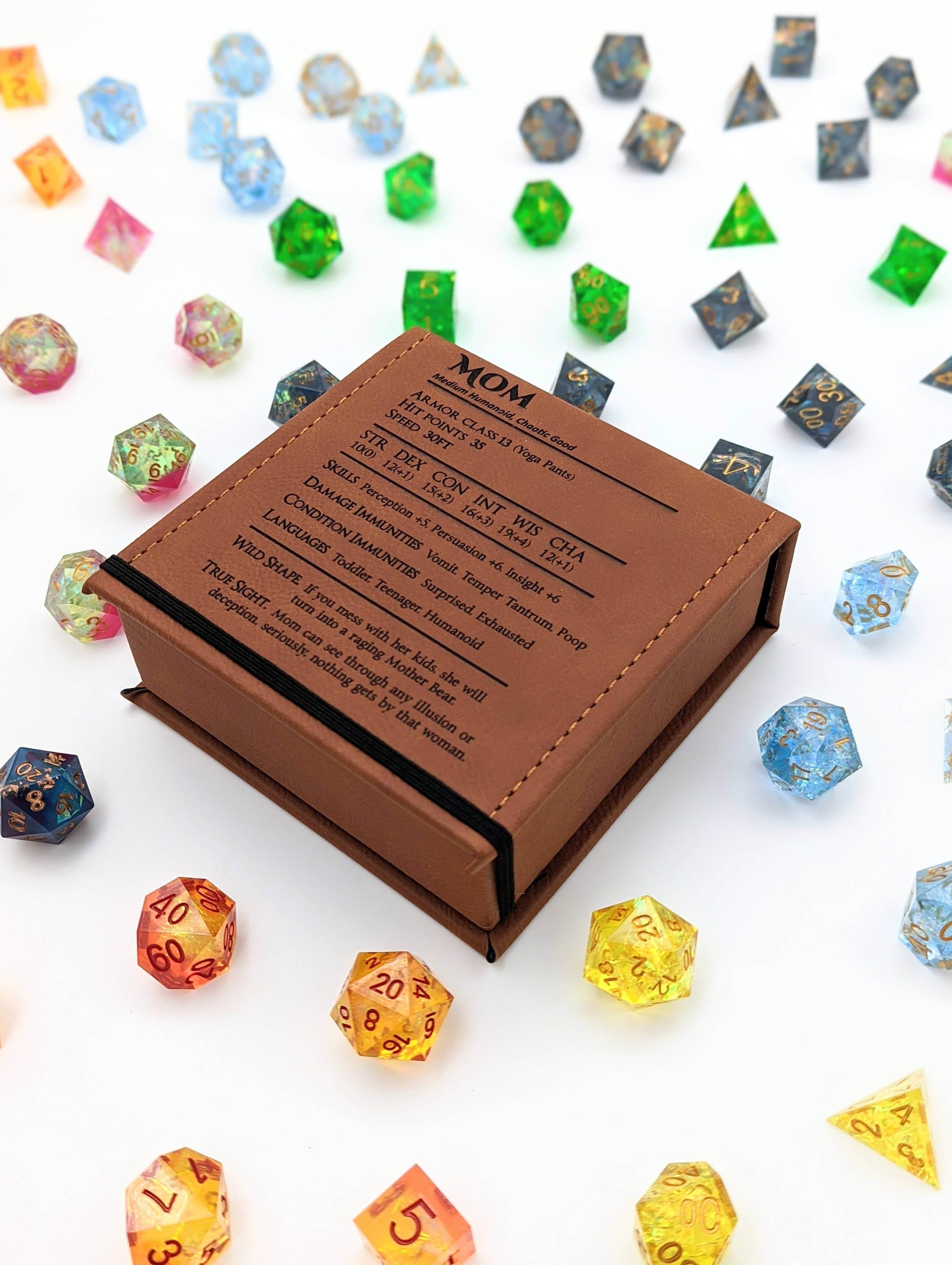Mom Stat Block - D&D - Vegan Leather Dice Box - Chestnut