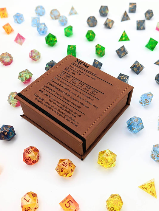 Mom Stat Block - D&D - Vegan Leather Dice Box - Chestnut