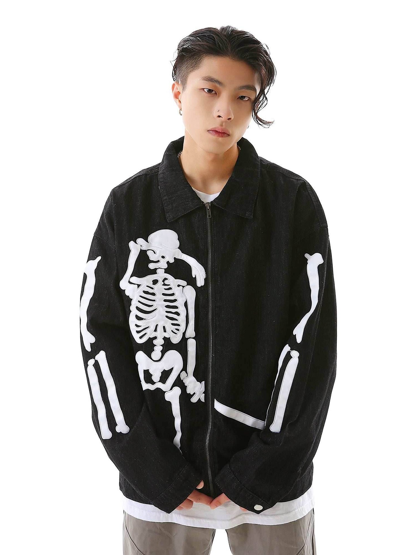 Crying Skeleton Denim Jacket - Black / M