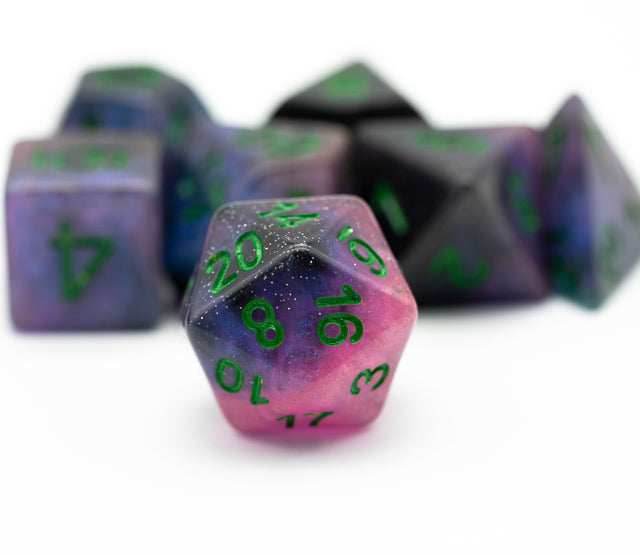 Purple & Blue w/green Galaxy Glitter 7-Dice Set RPG - 