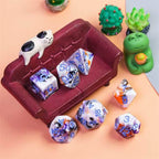 Spooky 4-Color 7-Dice Dnd Dice | White Orange Purple w/Purple Numbers Set - 