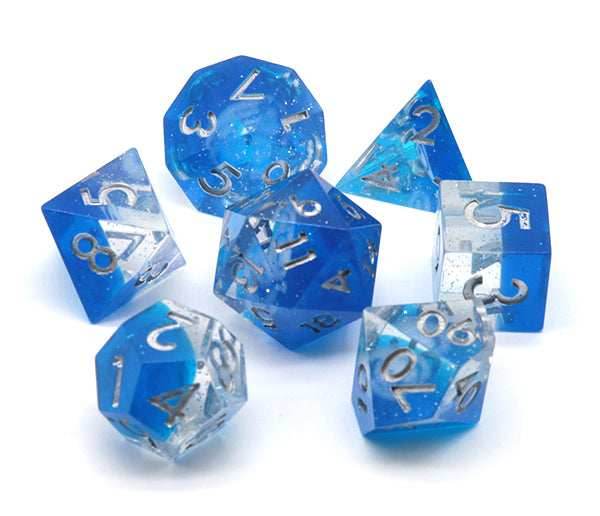 Dreaming of Space 7-Dice Set Resin Sharp Edge RPG DND Blue Glitter - 