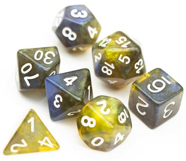 Yellow & Blue w/white Galaxy Glitter 7-Dice Set RPG - 