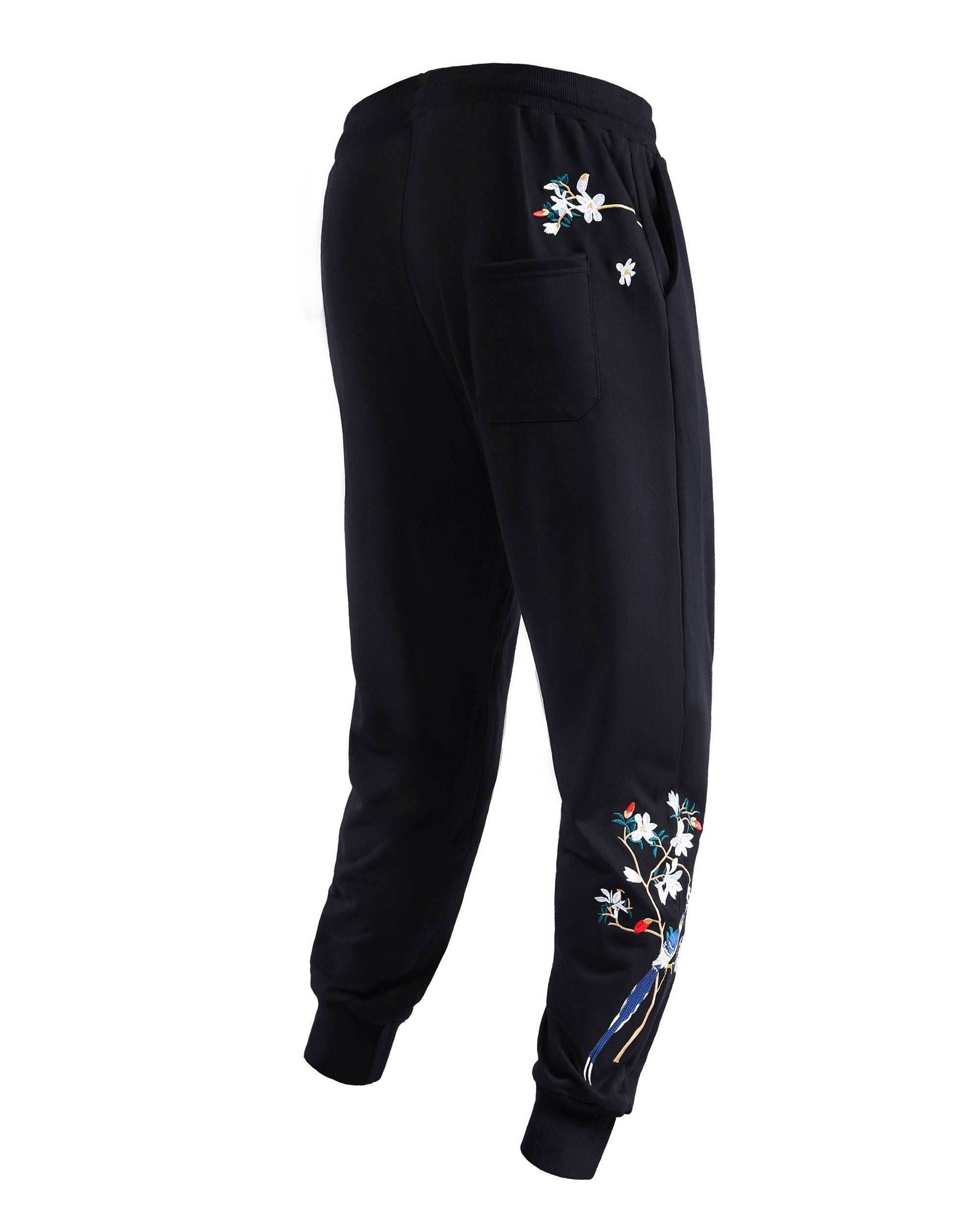 7046 Flowers Embroidery Joggers - Black / S