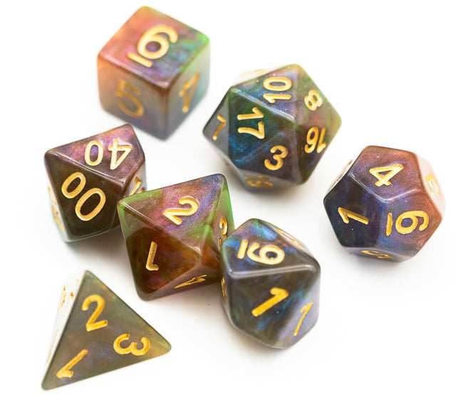 Purple & Green w/gold Galaxy Glitter 7-Dice Set RPG - 