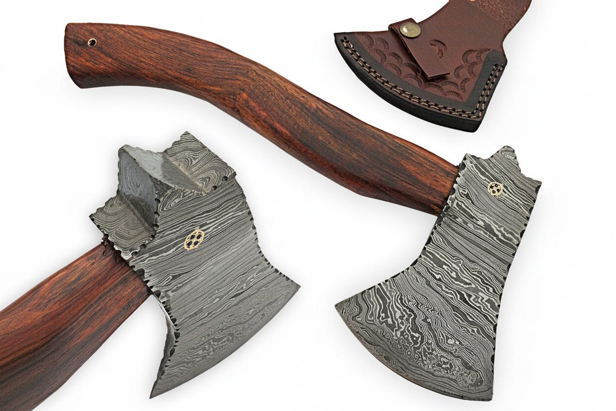Damascus Camp Axe with Mosaic Pin, Leather Sheath, 19 Inch Rosewood Handle