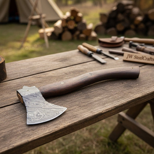 Damascus Camp Axe with Mosaic Pin, Leather Sheath, 19 Inch Rosewood Handle
