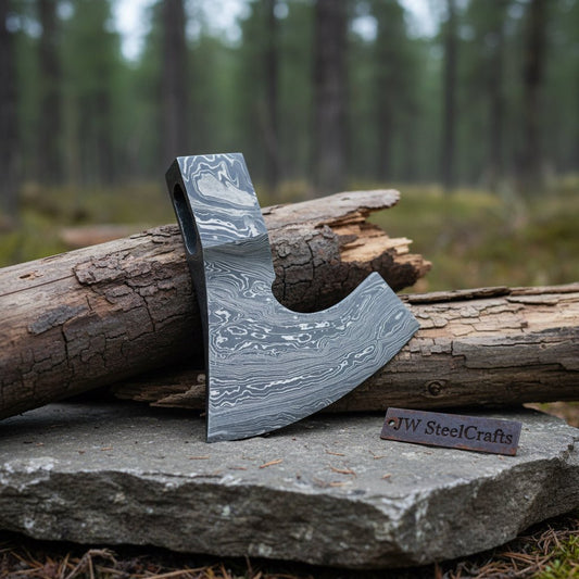 Damascus Steel Axe Head Blank, Hand Forged Bearded Viking Axe Head for Custom Handle Build | JW SteelCrafts