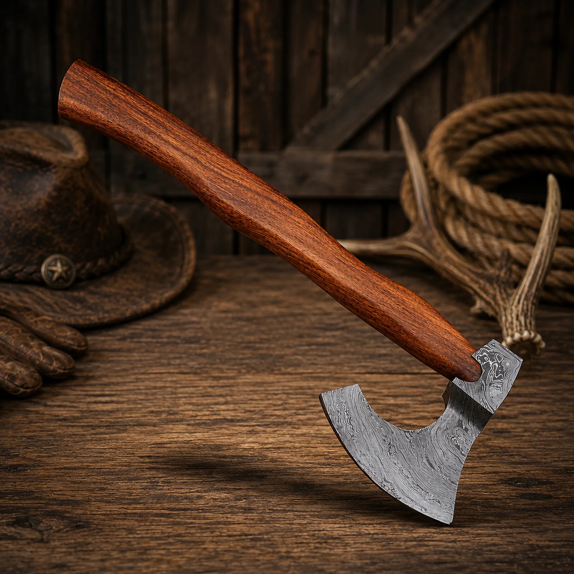 Custom Handmade Damascus Steel Axe Hatchet with Rosewood Handle & Sheath