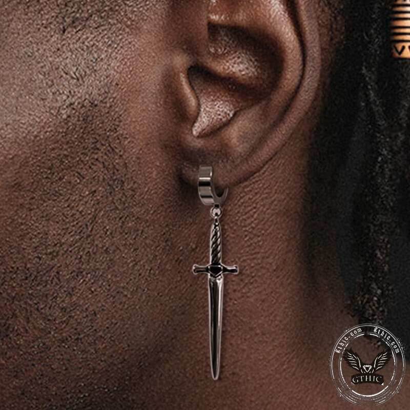 Dangle Sword Stainless Steel Hoop Earrings - Stainless Steel / A Pair