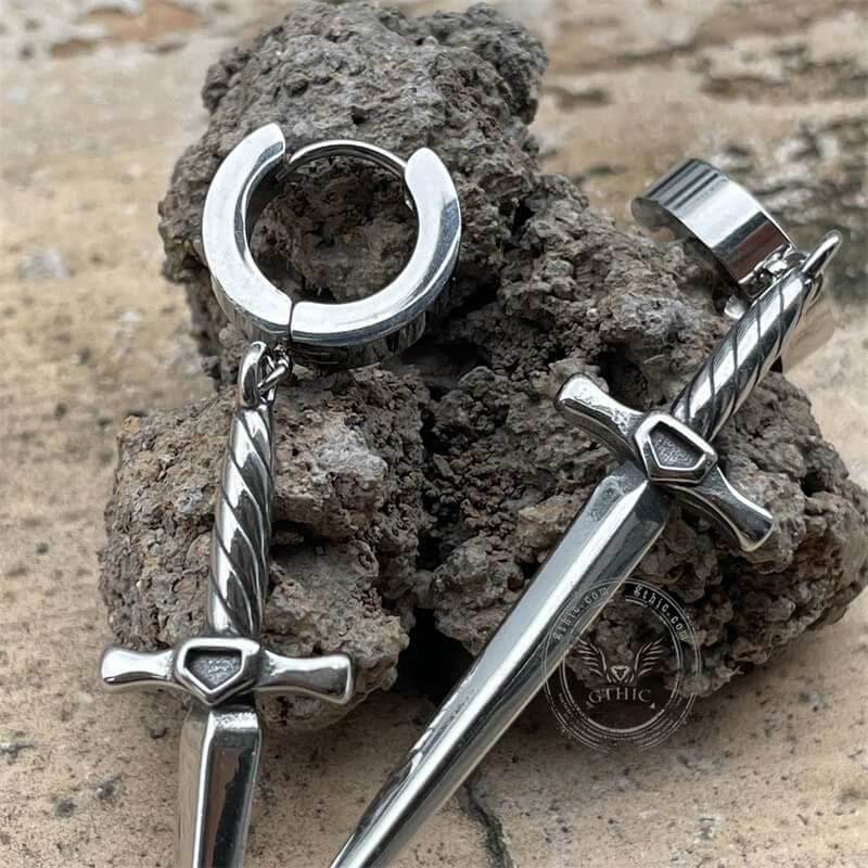 Dangle Sword Stainless Steel Hoop Earrings - Stainless Steel / A Pair