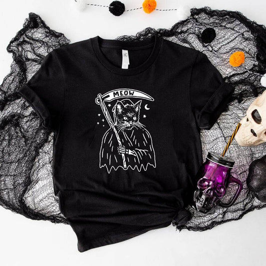 Dark Cat Death Short Sleeve T-shirt - Purple / L (Bust 100 cm)