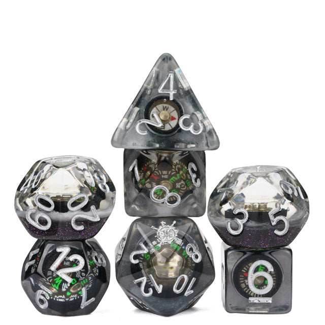 Compass Dice 7-Dice Set Clear w/ Moving Compass Inside Glitter Base Dnd - 