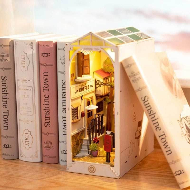 DIY Wooden Book Nook Kit – Sakura Densya Miniature Dollhouse with LED Light - A