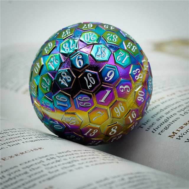 Rainbow Metal Single 100 Sided Polyhedral Dice (D100) | w/ White Color (45mm) - 