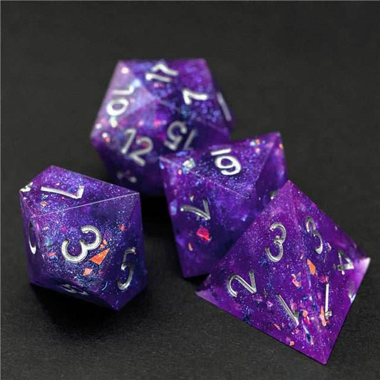 Purple Glitter Sharp Edge DND Dice Set | Gold Flake w/Silver Numbers - 