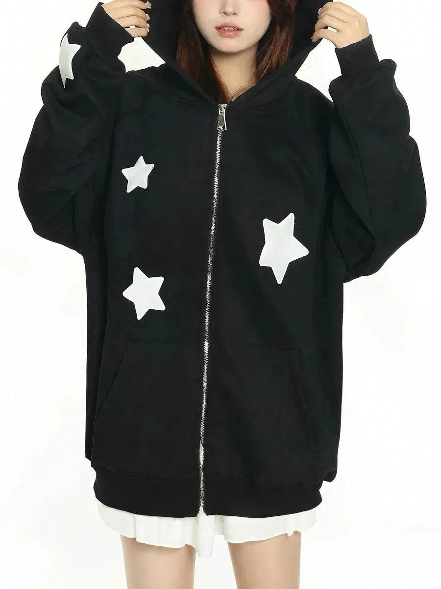 'Angels Here' Streetstyle Kawaii Star Pattern Angel Wings Hoodie - black / m