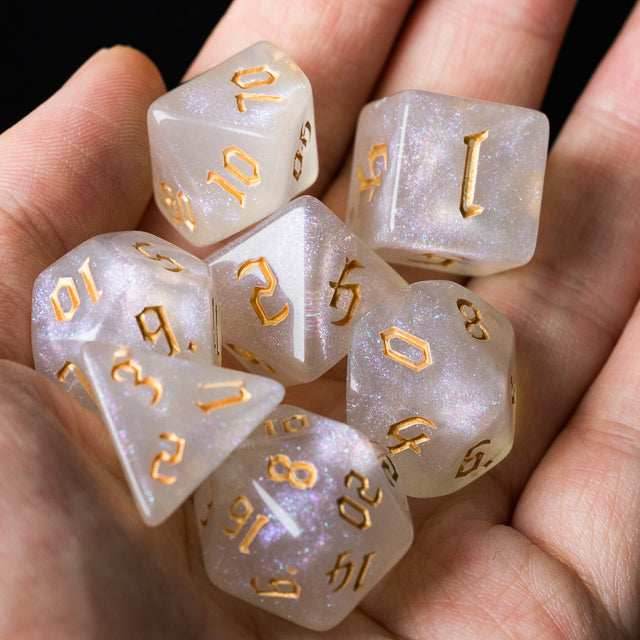 Glitter Party White Glitter Dice (Gold font) 7-Dice Set RPG DND - 