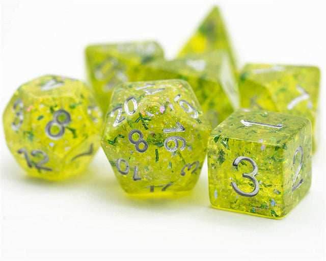 Green Cloud Brocade Powder 7-Dice Dnd Dice | Glitter w/Silver Numbers Set - 