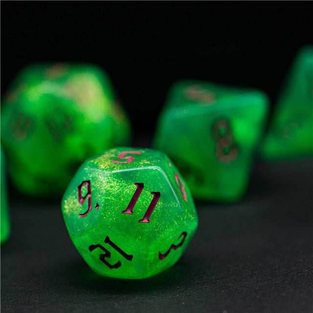 Green Glitter Party Glitter Dice (Pink font) 7-Dice Set RPG DND - 