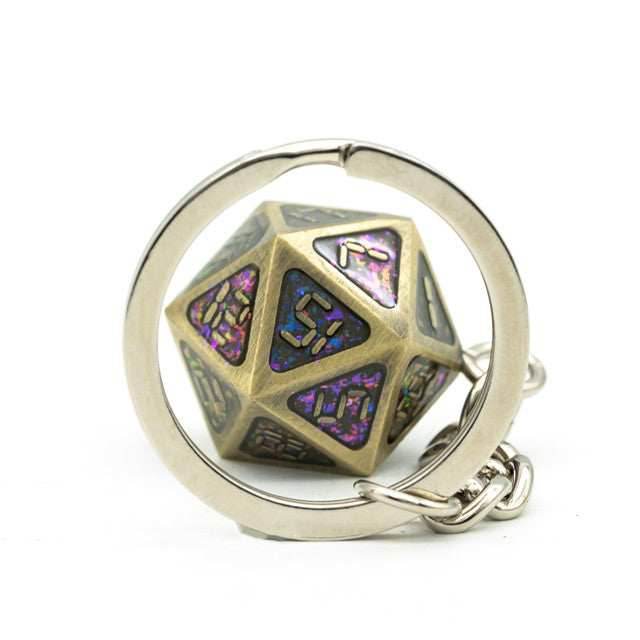 Metal D20 w/ Purple Glitter Keychain Analogue Font d20 - 