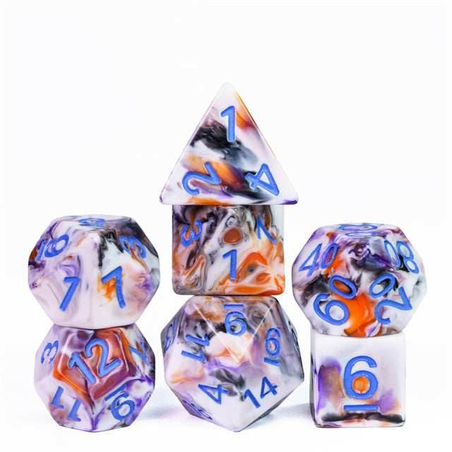 Spooky 4-Color 7-Dice Dnd Dice | White Orange Purple w/Purple Numbers Set - 