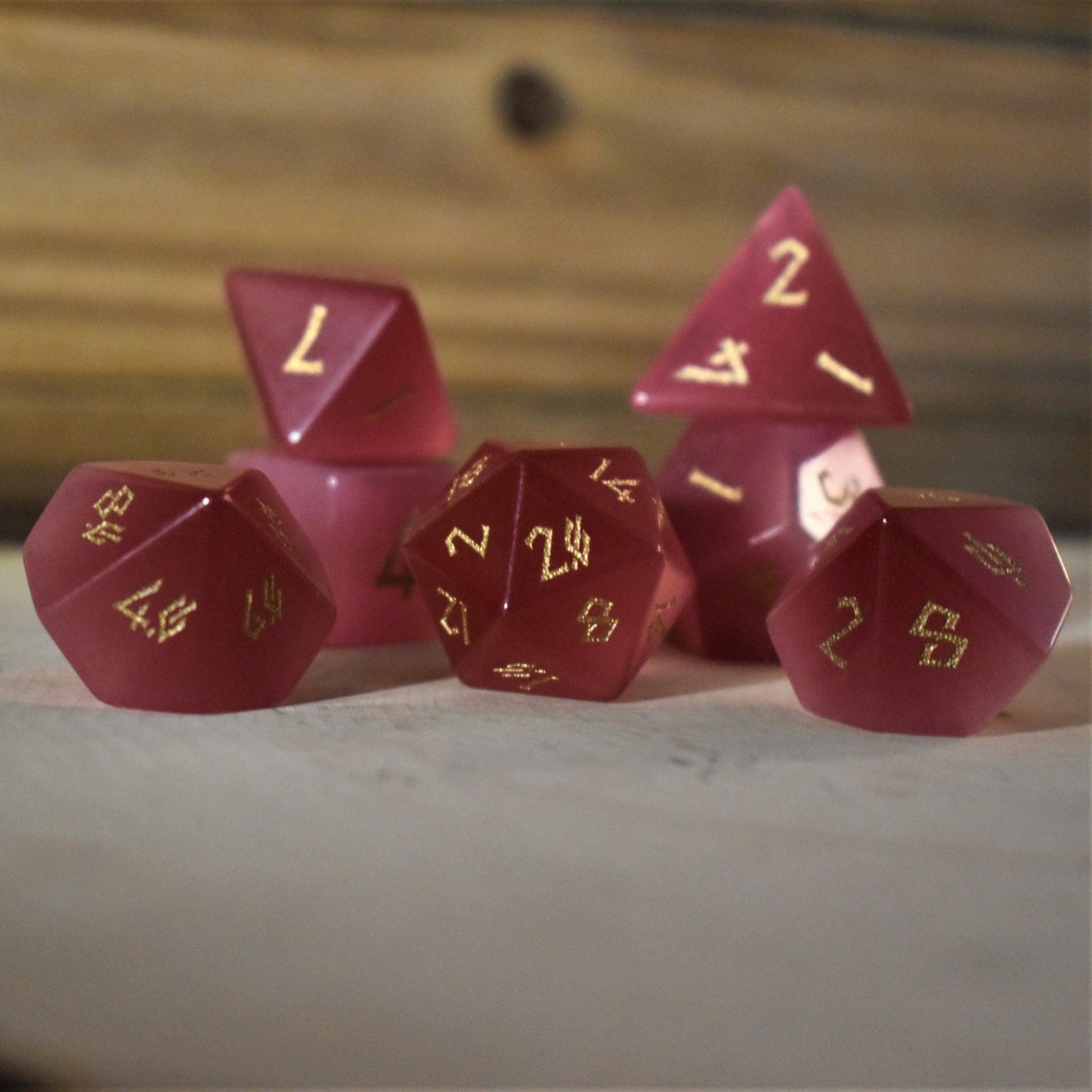 Deep Pink Cat's Eye Stone Dice Set