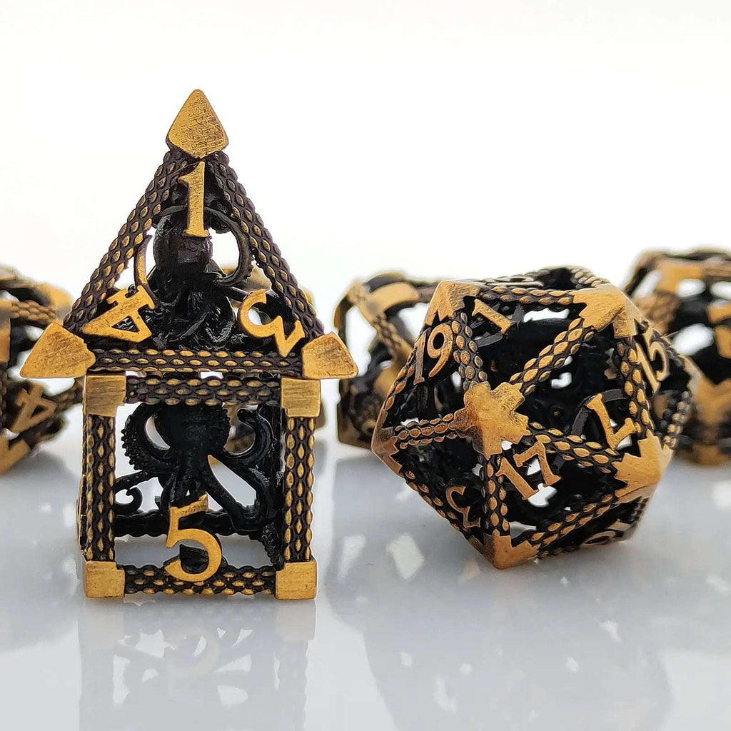 Deep Sea Monster - Gold 3D Octopus Hollow Metal RPG Dice Set