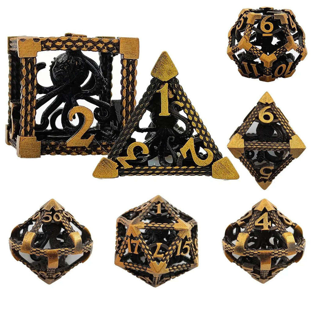 Deep Sea Monster - Gold 3D Octopus Hollow Metal RPG Dice Set