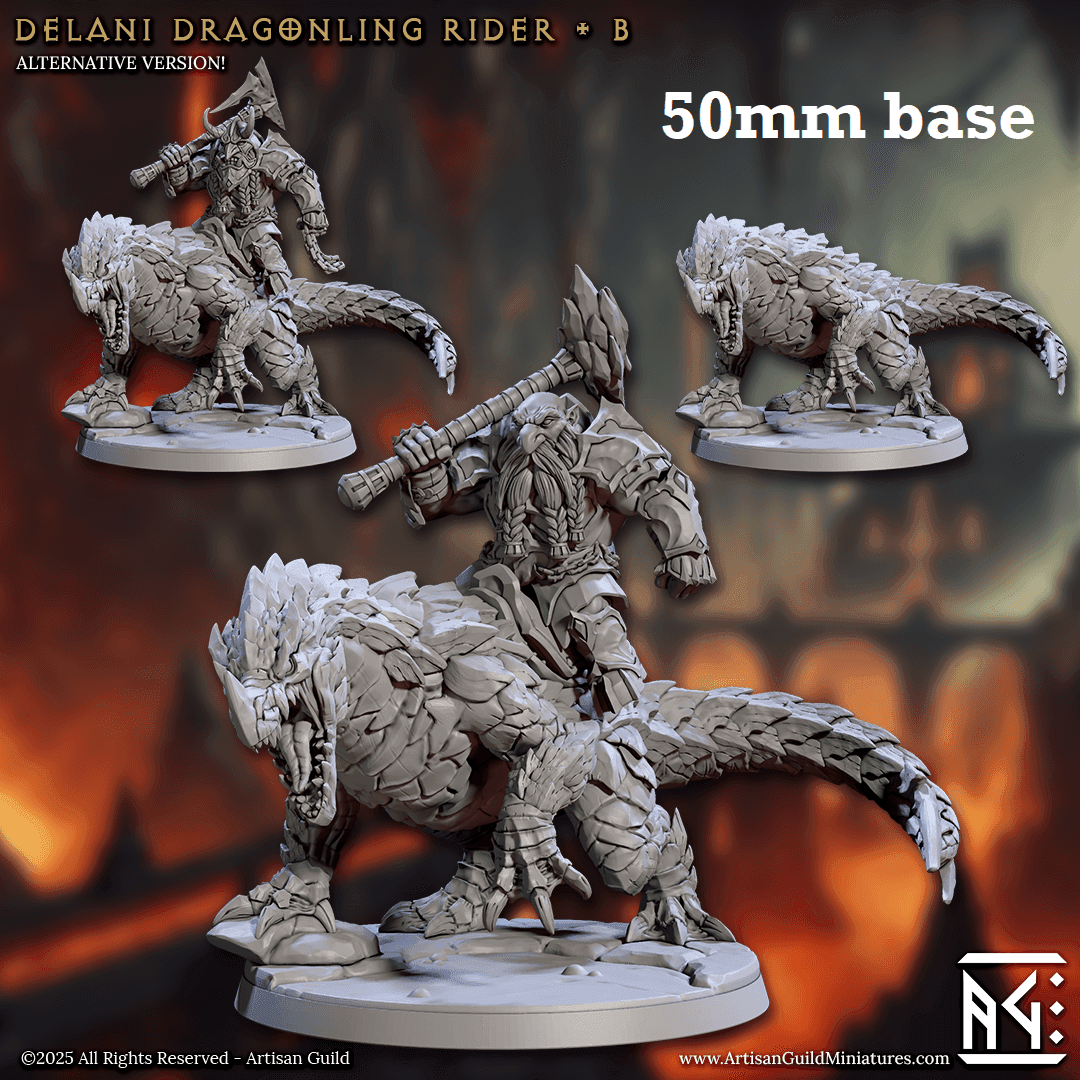 Delani Dragonling Rider: Sculpt B (Dwarven Dragonrider Cavalry Unit) - No Helmet / Fist / Hammer