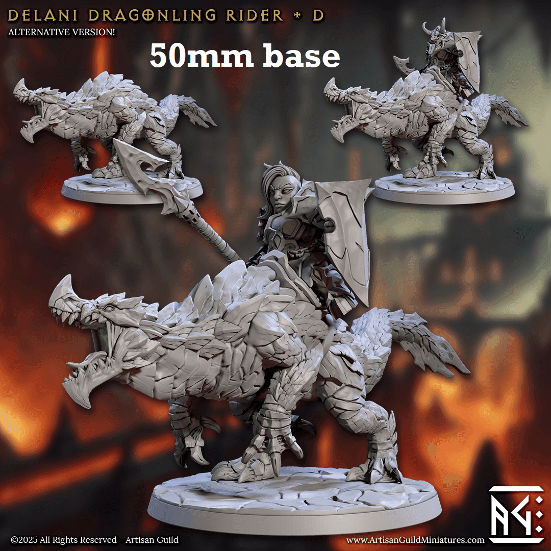 Delani Dragonling Rider: Sculpt D (Dwarven Dragonrider Cavalry Unit) - No Helmet / Spear