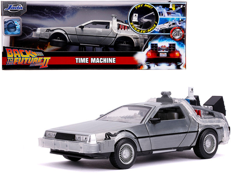 DeLorean Brushed Metal Time Machine with Lights (Flying Version) "Back to the Future Part II" (1989) Movie "Hollywood Rides" Series 1/24 Diecast Model Car by Jada